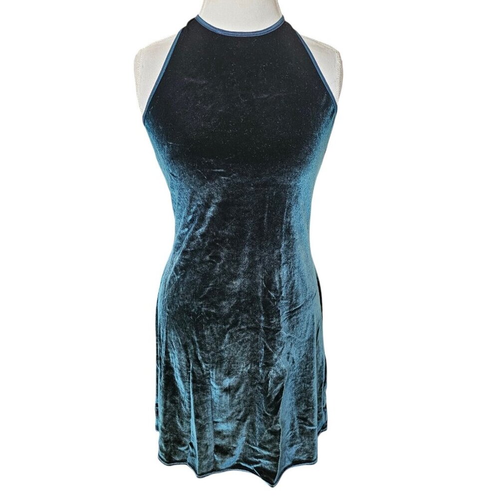 90s Womens Medium‎ Velvet Halter Mini Dress Dark Green Stretchy Party Formal - Picture 2 of 10